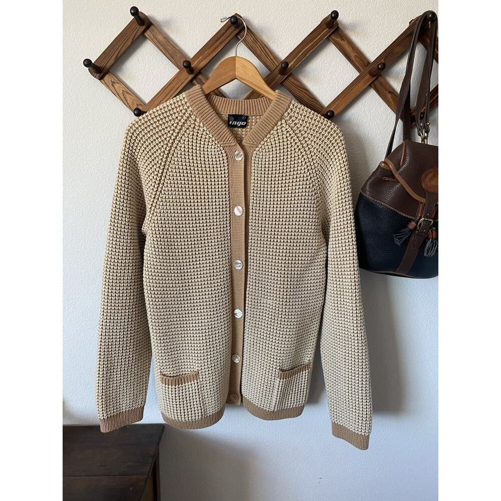 Vintage Ingo Inuit Hand Knit Cardigan Sweater Size L Wool Mother Of Pearl Button
